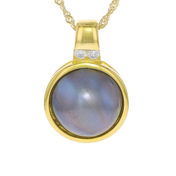 NIB JTV Platinum Cultured South Sea Mabe Pearl & White Zircon Pendant 18K Gold